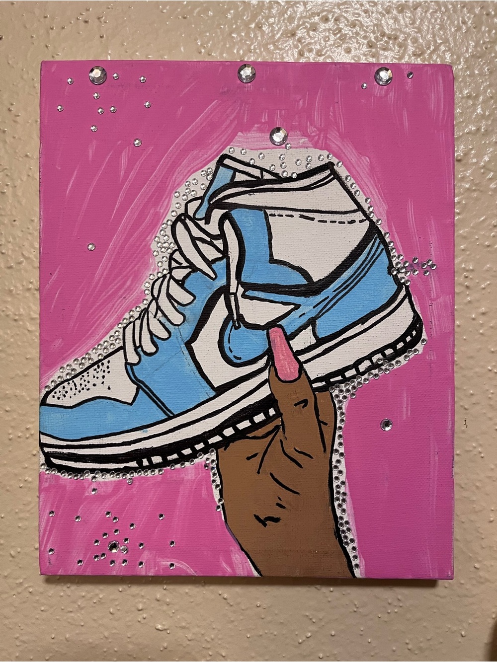 Hand-Held Sneaker Pop Art Painting - Pink & Light Blue